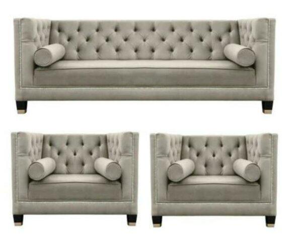 Beige Sofagarnitur Chesterfield Sessel Luxus Möbel Textil Stoff Wohnzimmer Neu