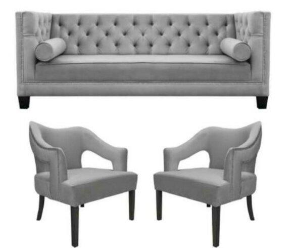 Silber Samt Garnituren Sofagarnitur 3tlg. Set Couch Sitz Polster Chesterfield