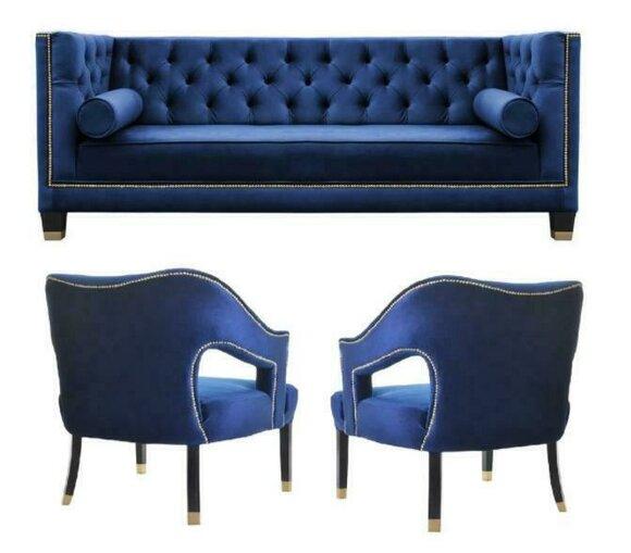 Blaue Chesterfield Sessel xxl Big Textil Stoff Couchen Möbel Garnturen Samt Neu