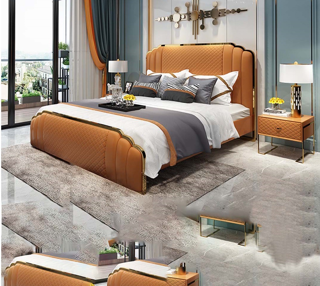Design Lederbett Schlafzimmer 3tlg. Set 2x Nachttisch Betten Luxus Möbel