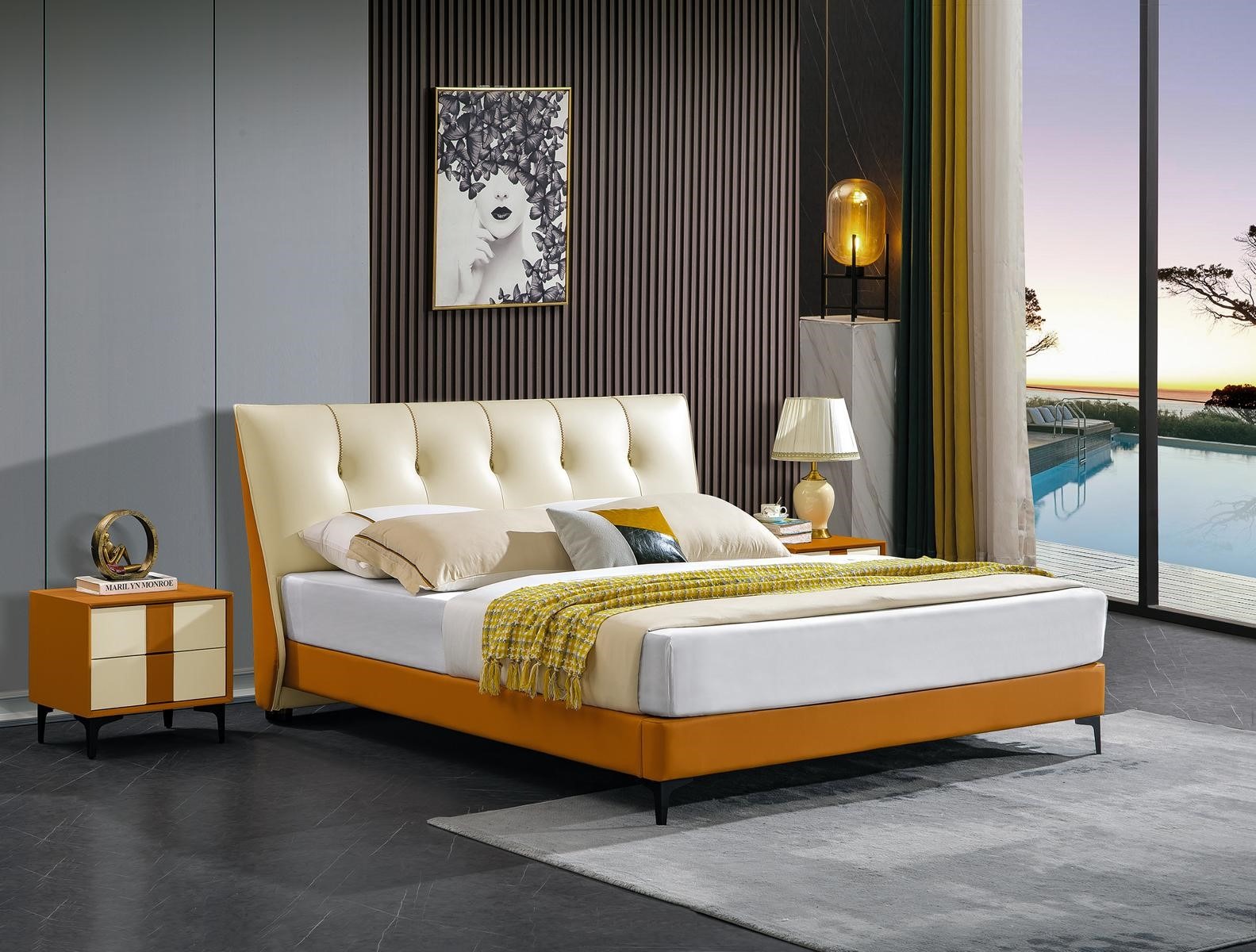 Luxus Lederbett Bett Doppel Ehe Polster Hotel Komplettes Set Nachttische