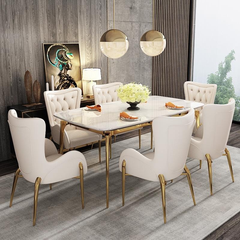 Luxus Esstisch Leder Edelstahl Marmor Imitation Stein Tisch Esszimmer