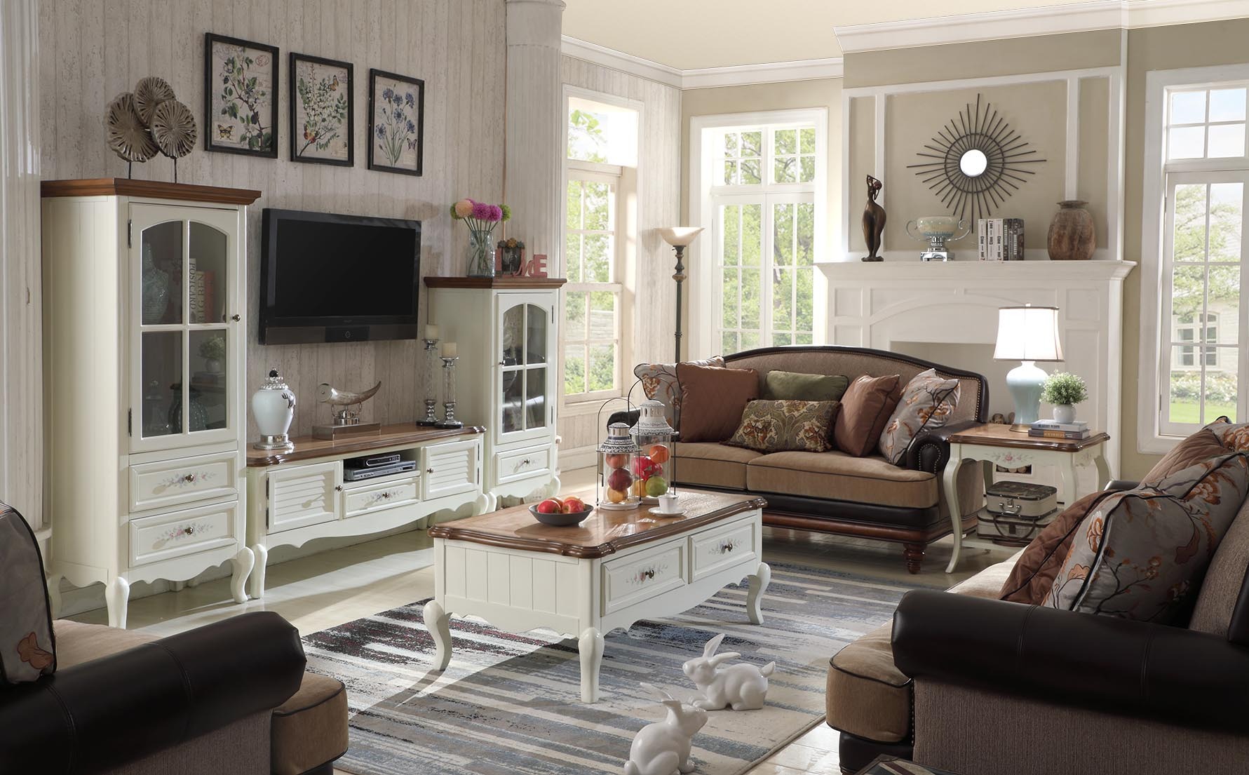 Landhaus Stol Vitrine Wohnwand Wohnzimmer Sideboard rtv Holz Schrank Möbel 3tlg.