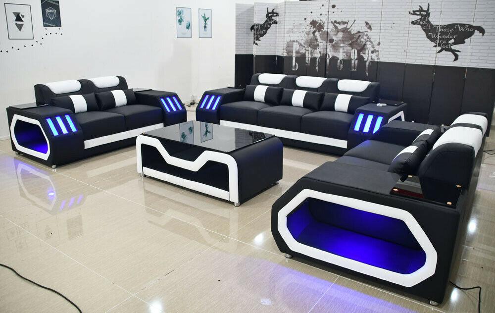 Sofagarnitur Beleuchtete Couch Set 3+2+2 + Tisch Ledersofa Sitz Design Polster