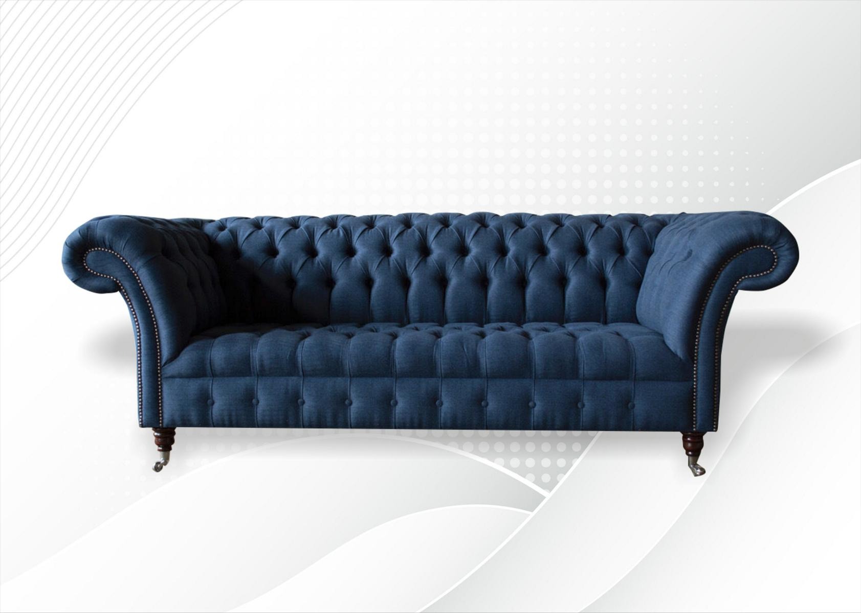 Chesterfield 3 Sitzer Stoff Blau Wohnzimmer Design Couchen Polster Sofa
