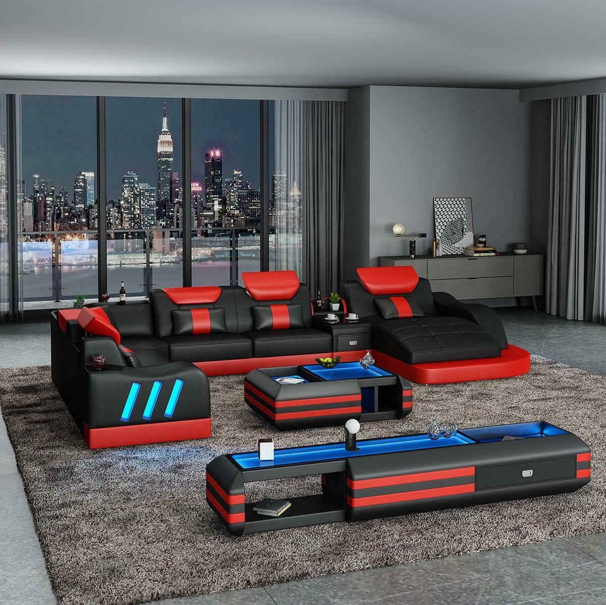 Ecksofa U-Form Sideboard Couchtisch Couch Design Grau Polster Leder Modern 3tlg.