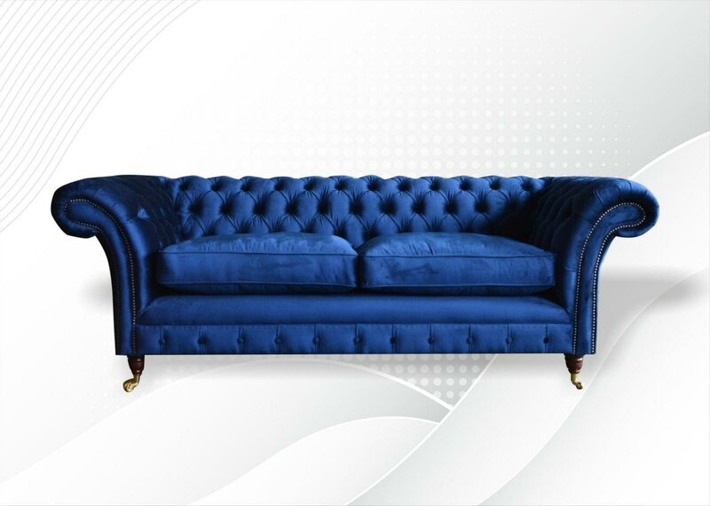 Chesterfield 3 Sitzer Stoff Blau Textil Sofa Wohnzimmer Design Couchen