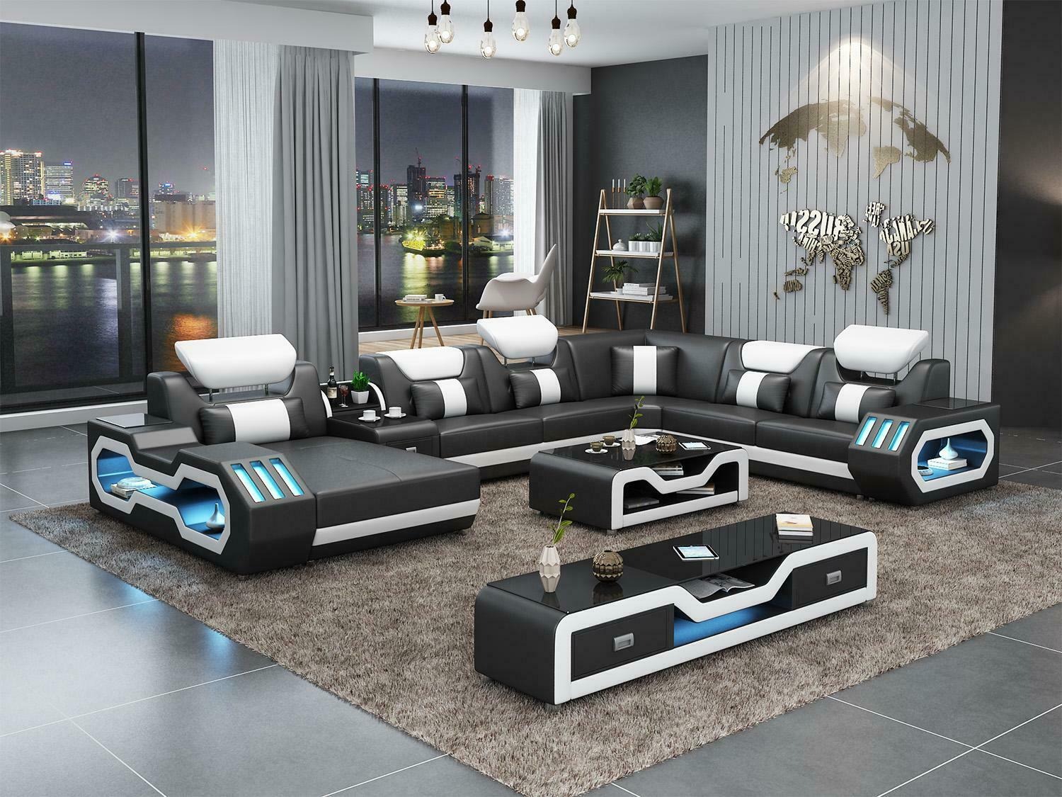 Ecksofa U-Form Couchtisch Couch Design Grau Polster Leder Modern Wohnlandschaft