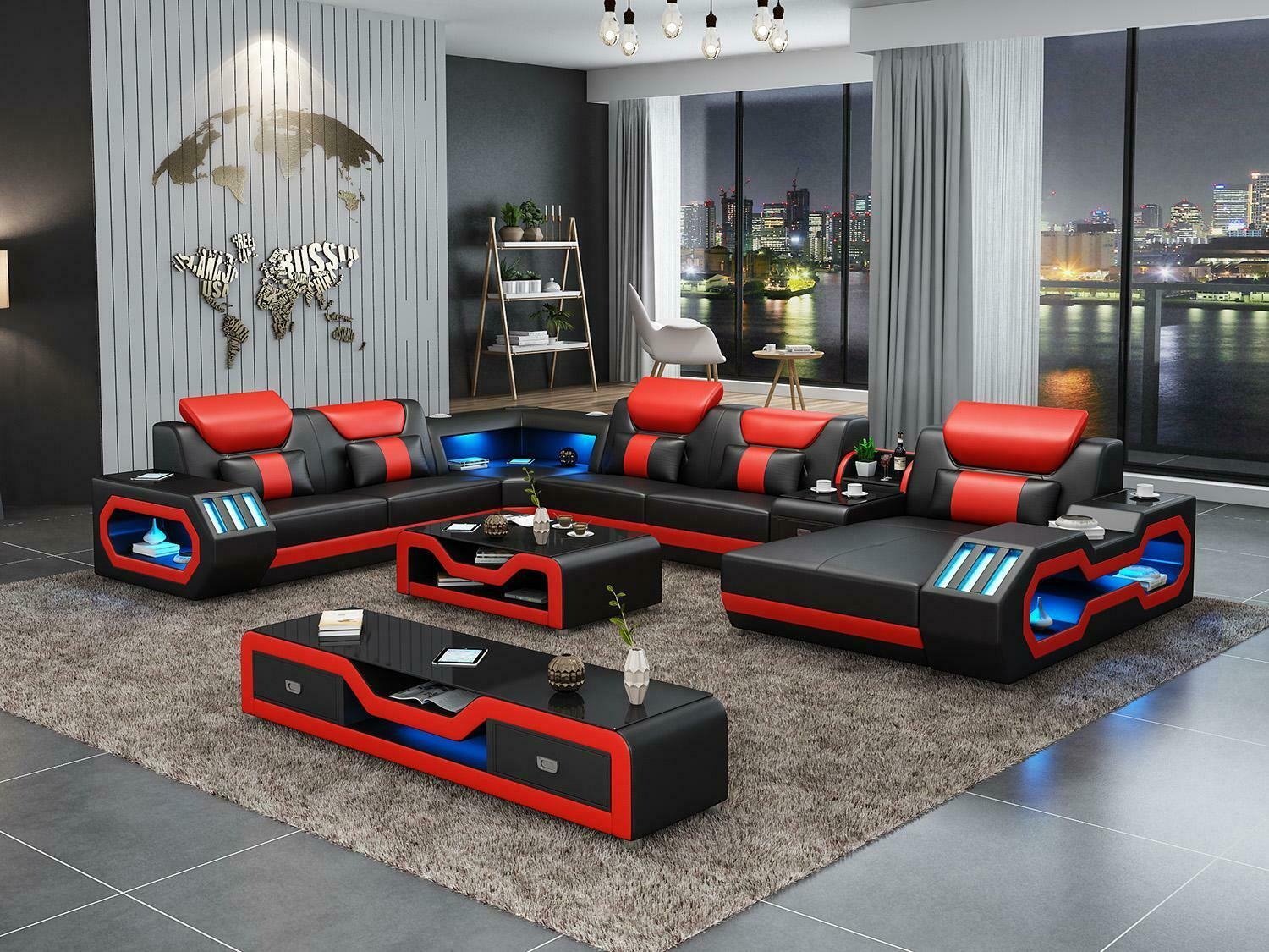 Wohnlandschaft Couch Polster Garnitur Sofa 3tlg. Set Couchtisch Sideboard Leder