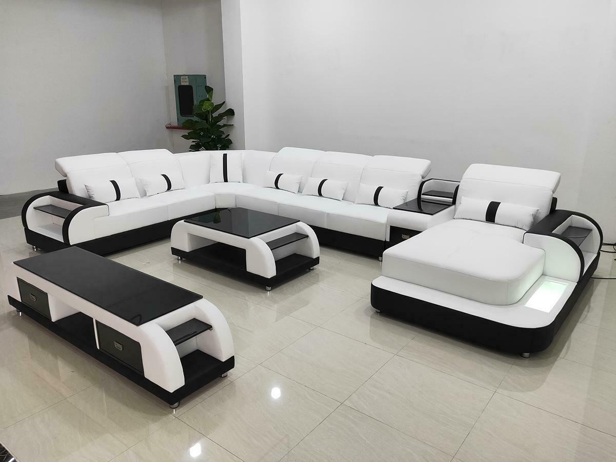 Wohnlandschaft u Form Ledersofa Polster Ecksofa Sofa Couch Leder Textil usb neu