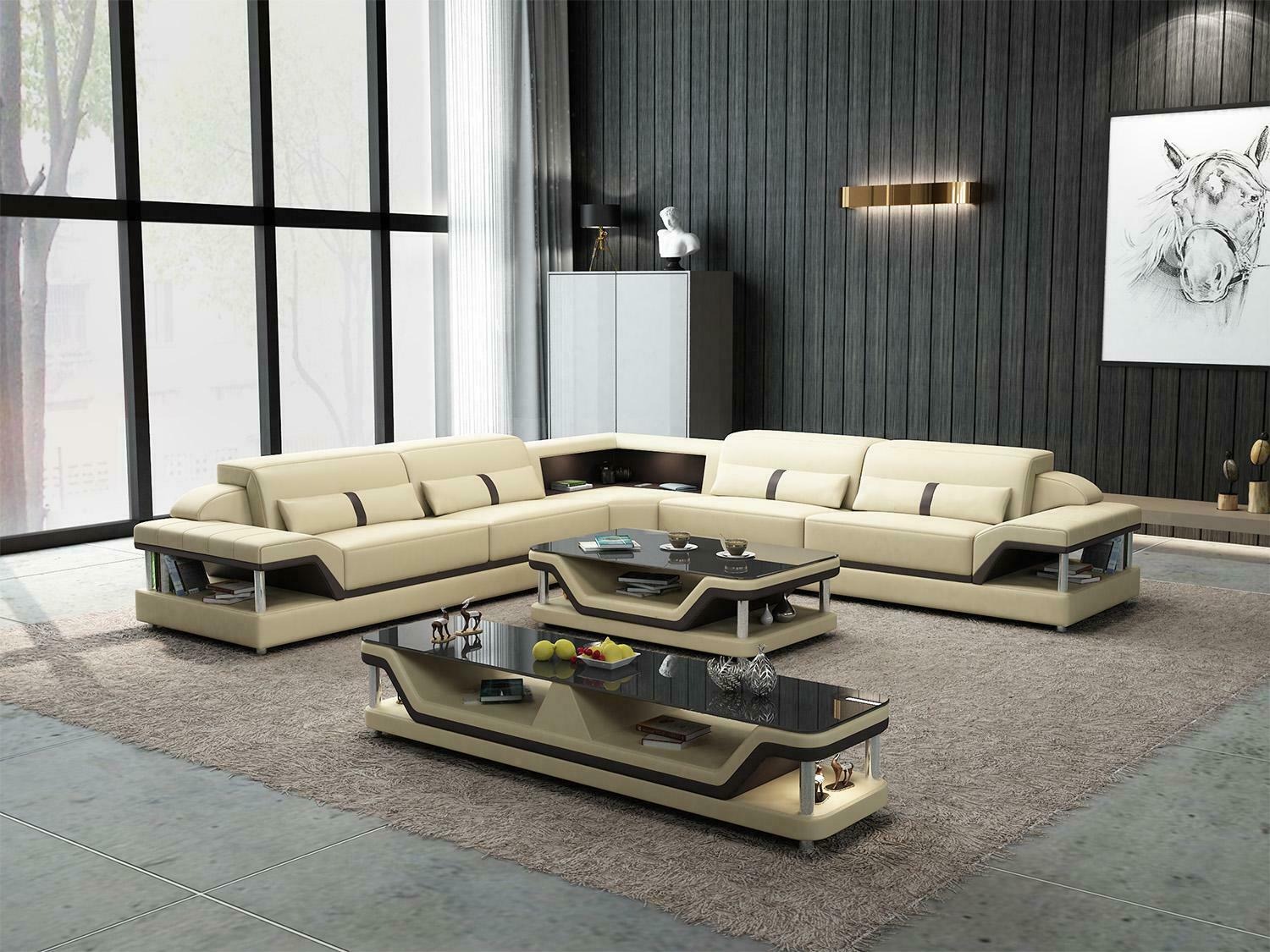 Ecksofa Schwarz mit Couchtisch 3tlg. Wohnzimmer Ledersofa Set Eckgarnitur Tisch