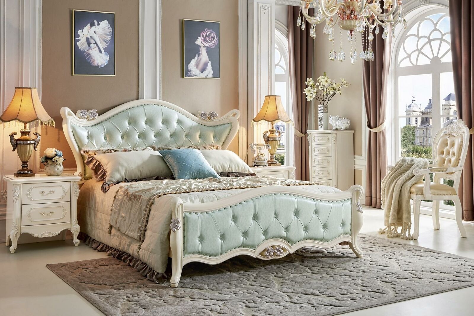 Design Schlafzimmer 5 tlg. Bett Nachttisch Barock Kleiderschrank Massivholz