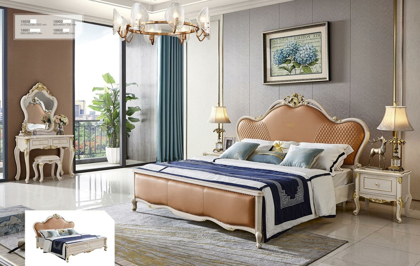 Design Nachttisch Bett 5 tlg.Schlafzimmer Set Schminktisch Massivholz