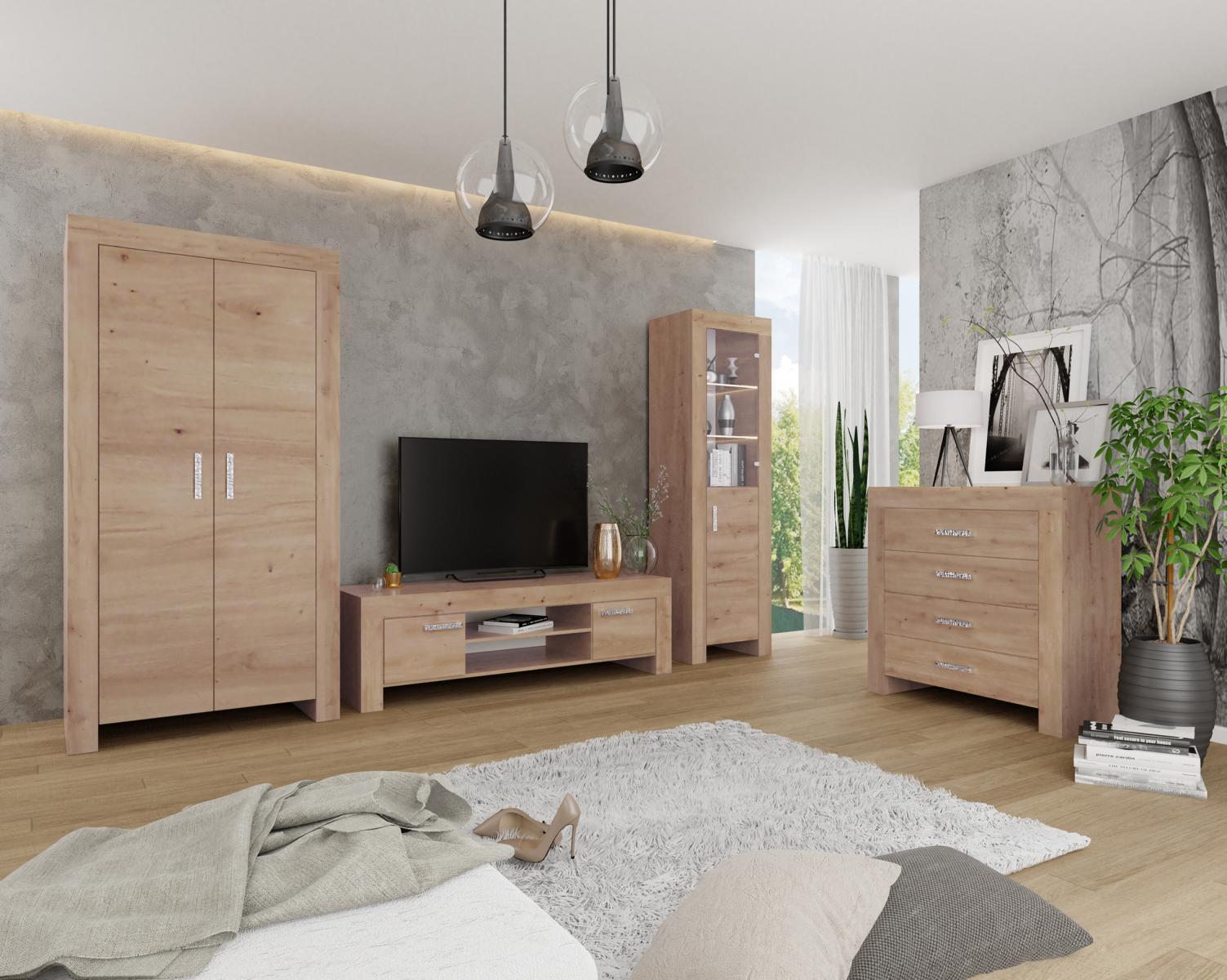 Wohnzimmer Wohnwand Set Gruppe Garnitur Vitrine Kommode 4tlg. Holz Möbel Regal