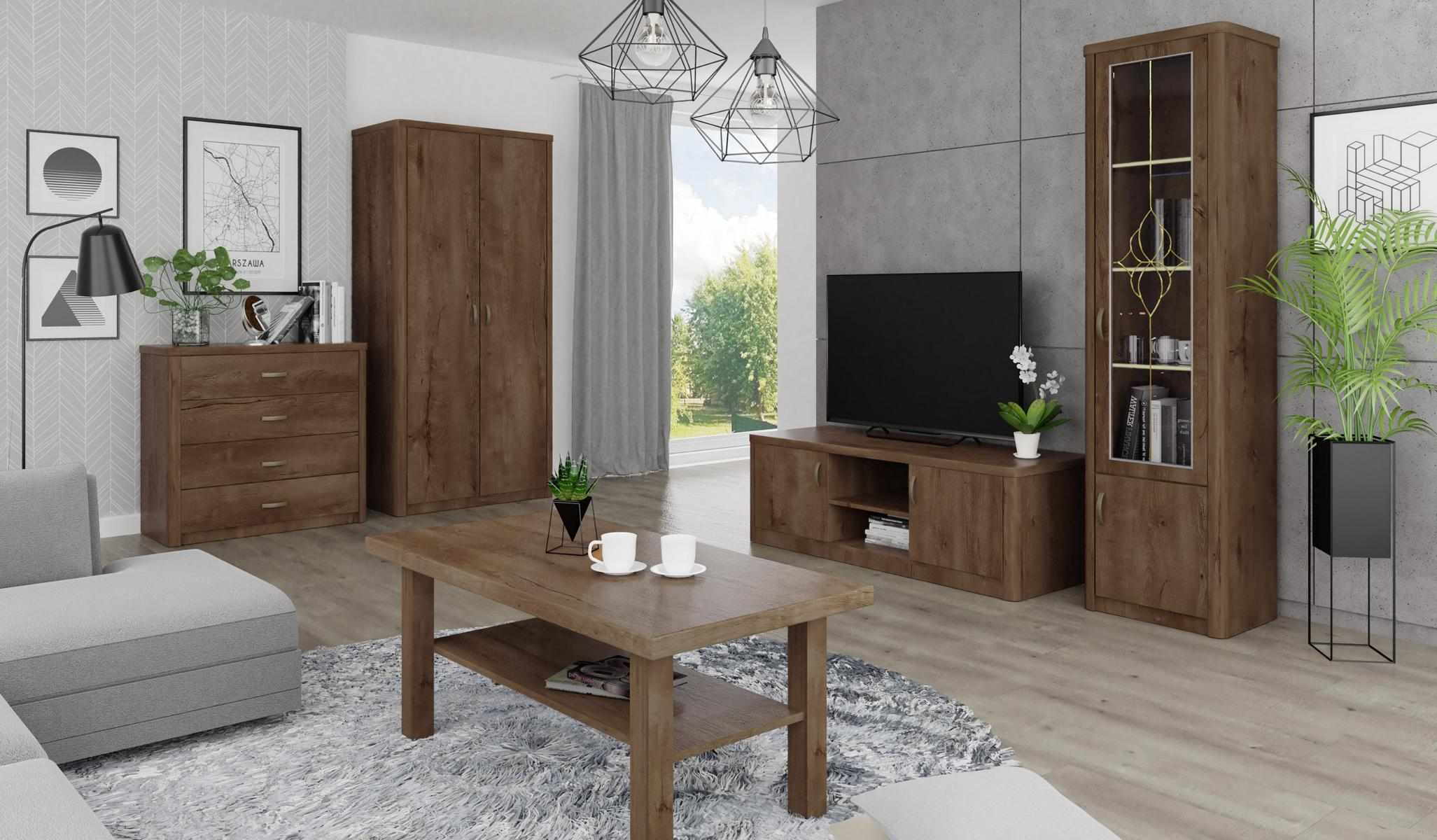 Wohnzimmer Set Vitrine TV Kommode Couchtisch Kommoden Schrank Holz Neu 5 tlg.