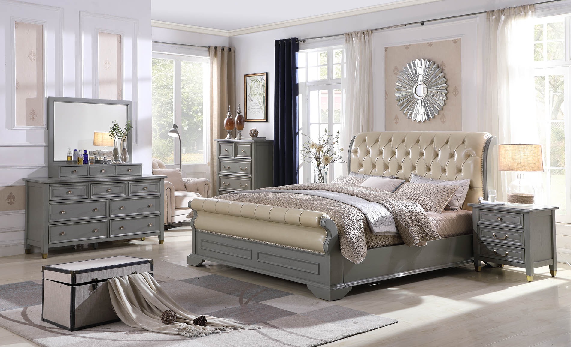 Bett Polster Design Luxus Holz Doppel Hotel Betten Ehe Schlaf Zimmer Leder Grau