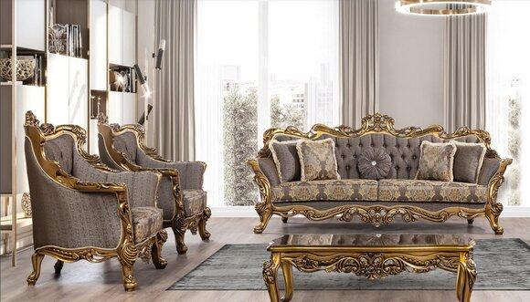Sofagarnitur 3+1+1 Sitzer Luxus Garnitur Set Sofa Sofas Sessel Stoff Barock Grau