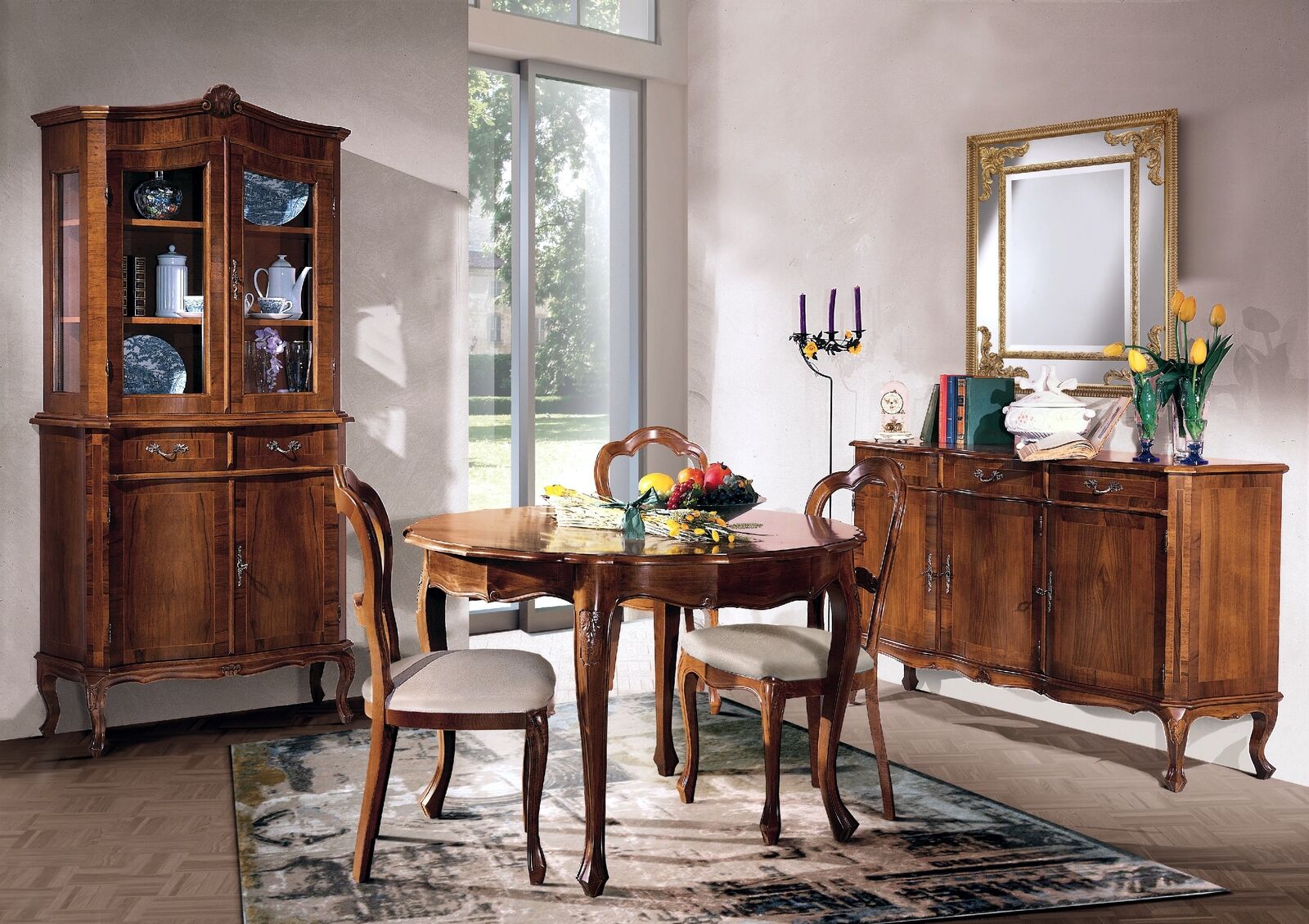 Esszimmer Set 7 tlg. Rund Esstisch 3x Stühle Anrichte Ess Gruppe Holz Tisch
