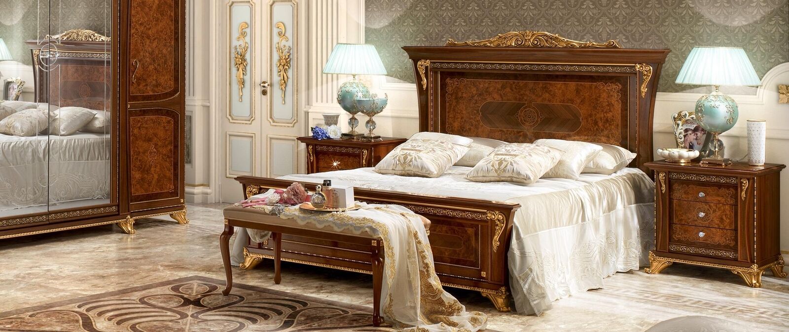 Schlafzimmer Barock Rokoko Holz Möbel Bett Polster Luxus Doppel Betten