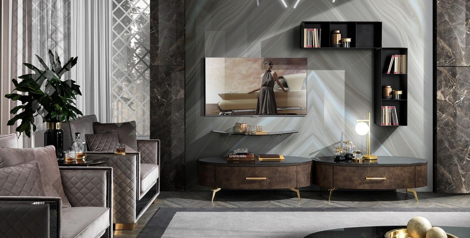 Wohnzimmer Regal Garnitur 4tlg. Design Wohnwand Schrank RTV Side Low Board