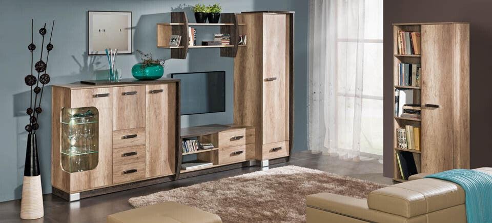 Wohnzimmer Komplettset Wohnzimmerkombination 6 tlg. Wohnwand Eiche Kommode Tisch