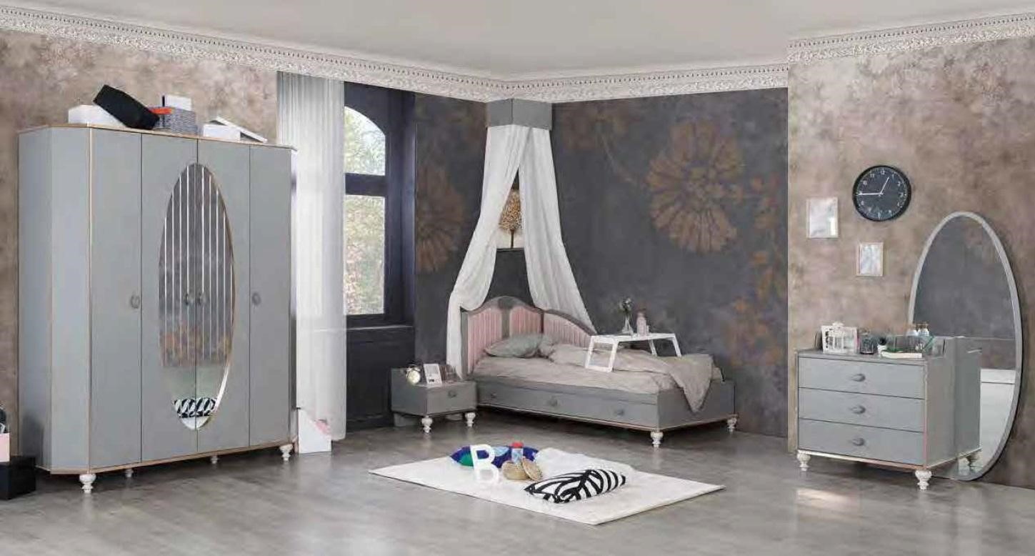 Jugendzimmer Set Bett Kleiderschrank Nachttisch Kommode mit Spiegel Möbel 4tlg
