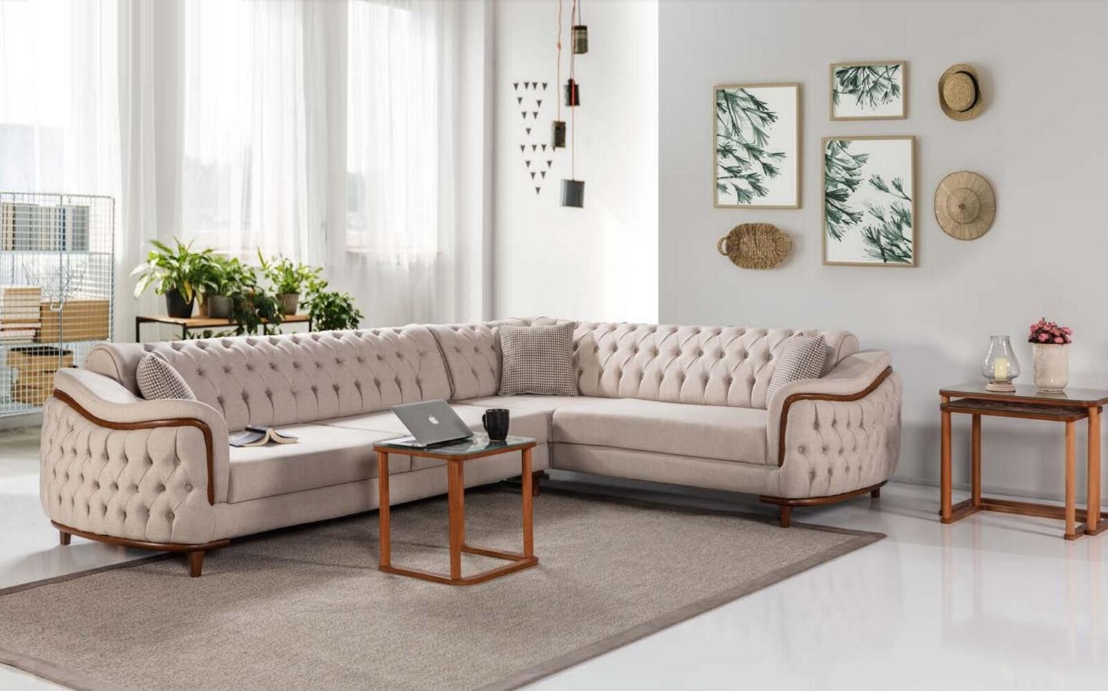 Chesterfield Couch mit Holz Elementen Luxus Ecksofa Eckcouch Sofa Möbel