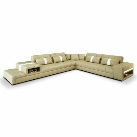 Ecksofa Sofa Couch USB Polster Wohnlandschaft Ledersofa design L Form Neu Beige