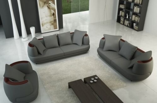 Sofagarnitur mit USB Luxus Designer Couch Polster 3+2+1 Leder Sofa Sitz Grau Neu