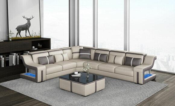 XXL Ecksofa Sofa mit USB Eck Wohnzimmercouch Sofa Couch Tisch Polster Sitz Leder