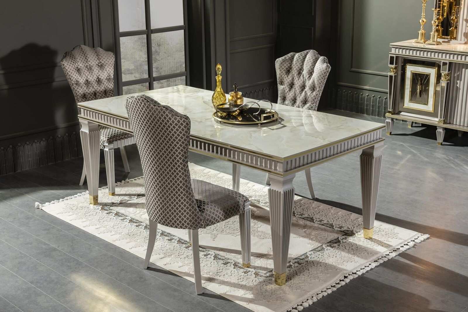 Esszimmer Set Weiß Esstisch Metall Luxus 4x Stühle Elegantes Design Neu 5tlg.