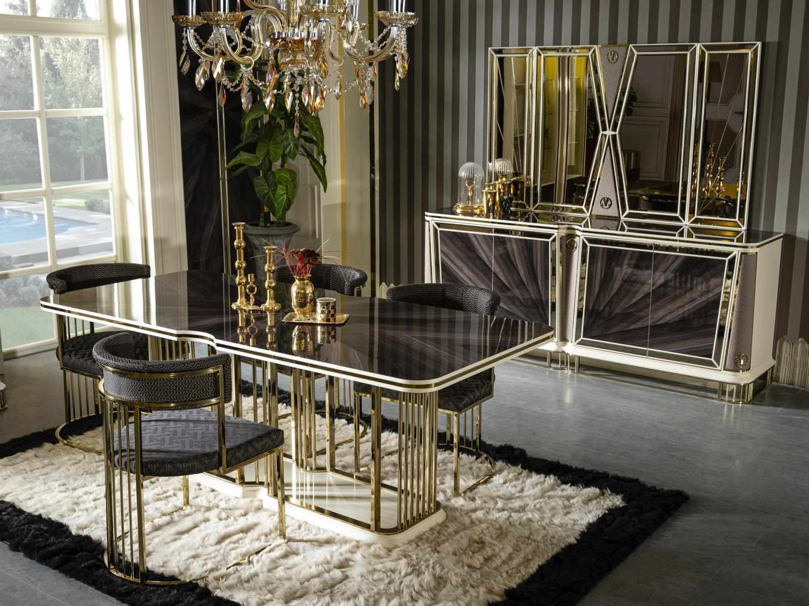 Esszimmer Set Gold 4x Stühle Esstisch Kommode Spiegel Design 7tlg.
