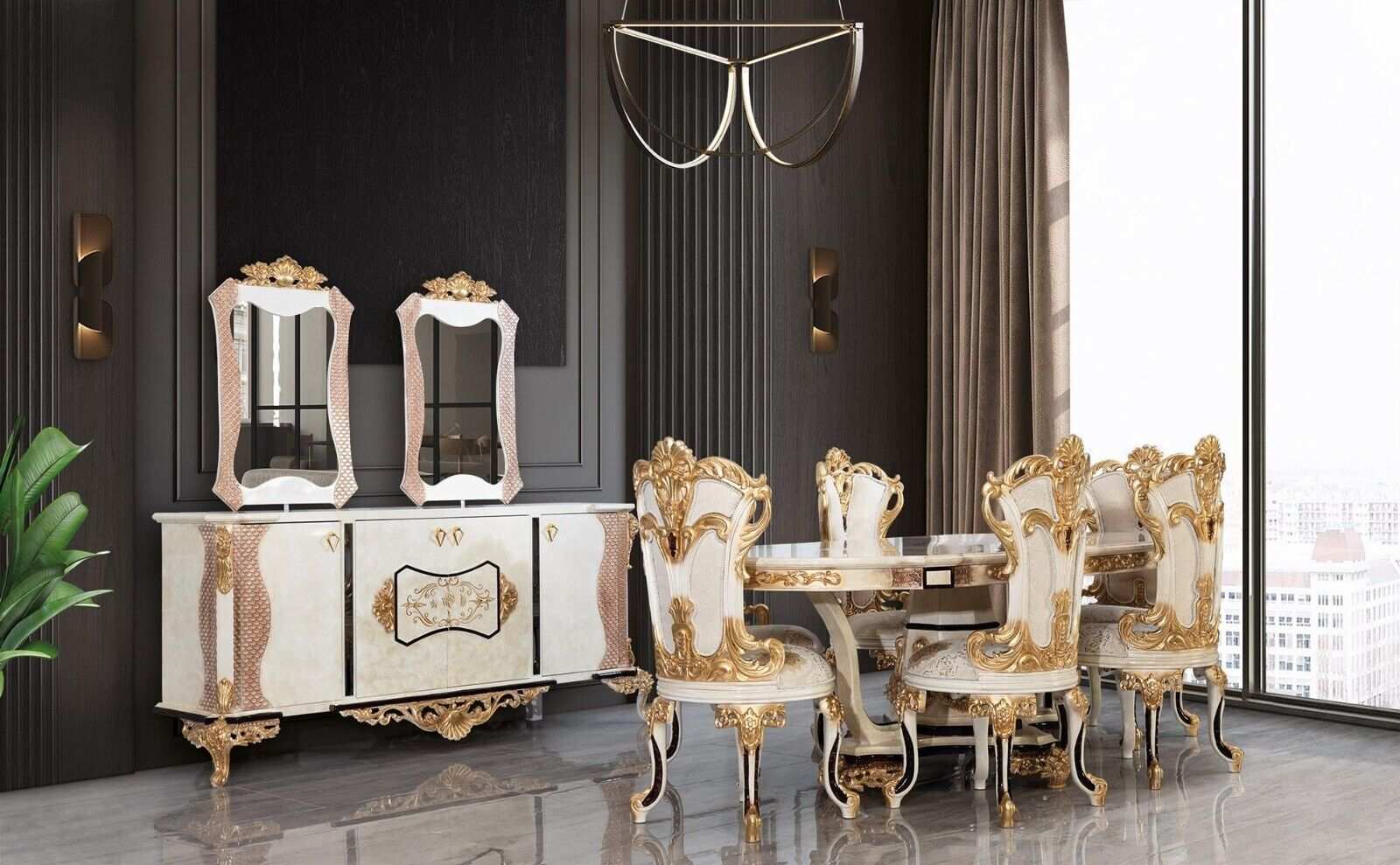 Luxus Esszimmer Set 9 tlg. Esstisch + 6x Stühle + Anrichte mit Spiegel weiß Neu