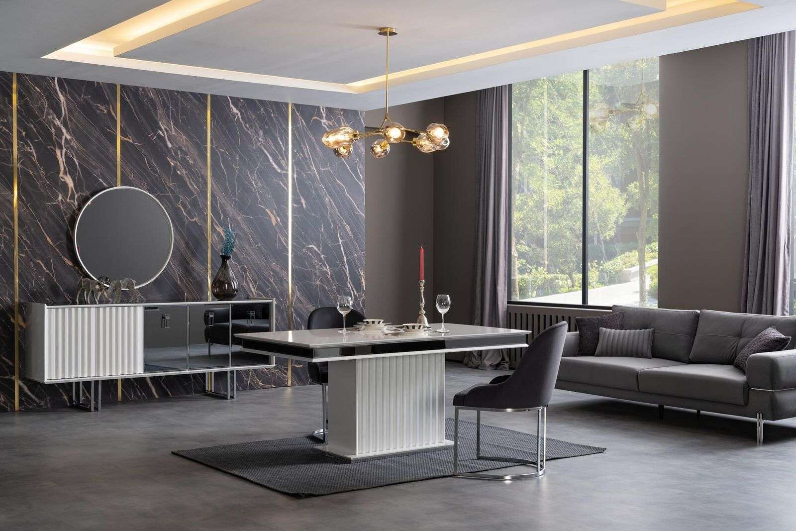 Luxus Tisch Esszimmer Set Garnitur Esstisch + 4x Lehnstuhl Kommode Spiegel 7tlg.