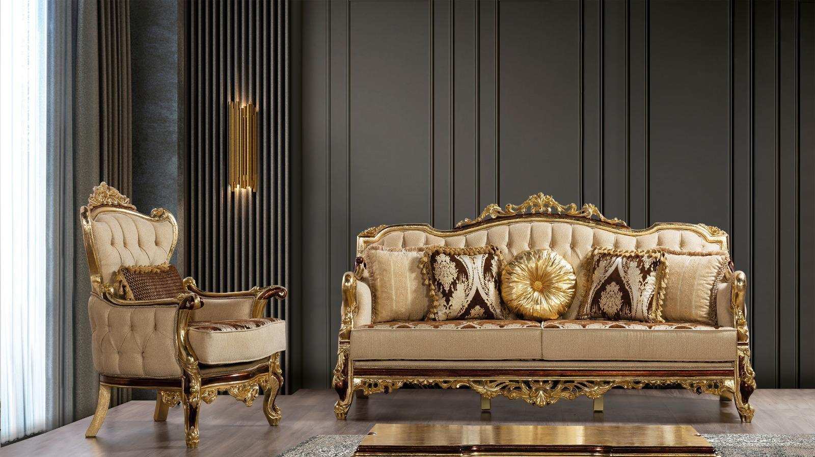 Luxus Sofa Beige Sofagarnitur Sessel 3+1 Sitzer Stoff Design Sofas
