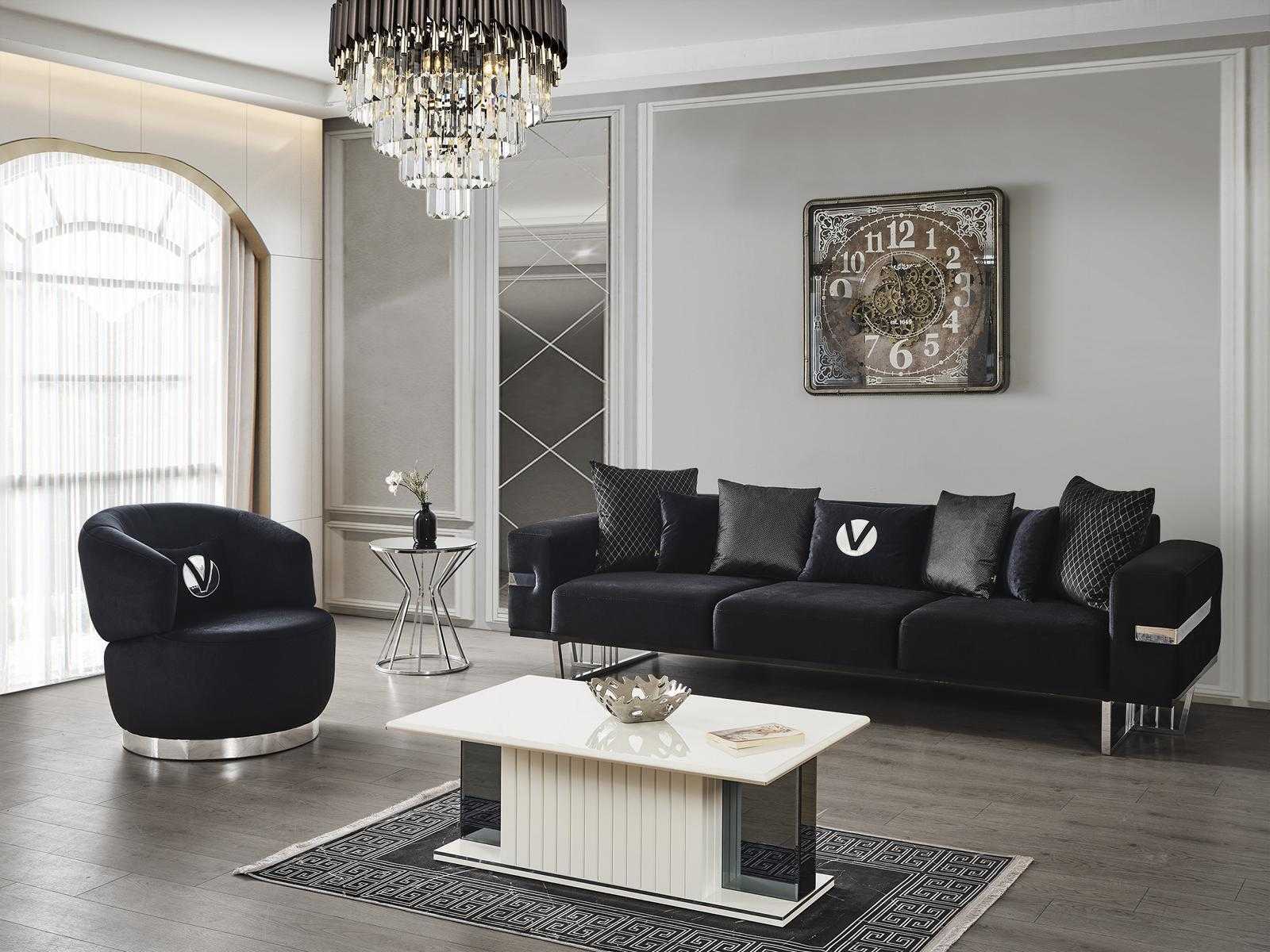 Modernes Wohnzimmer Set Schwarzes Sofa schwarzer Sessel Couchtisch
