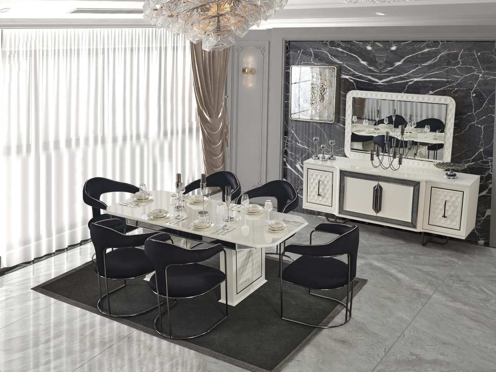 Modernes Esszimmer Set Weißer Esstisch 6 Stühle weiße Sideboard Spiegel