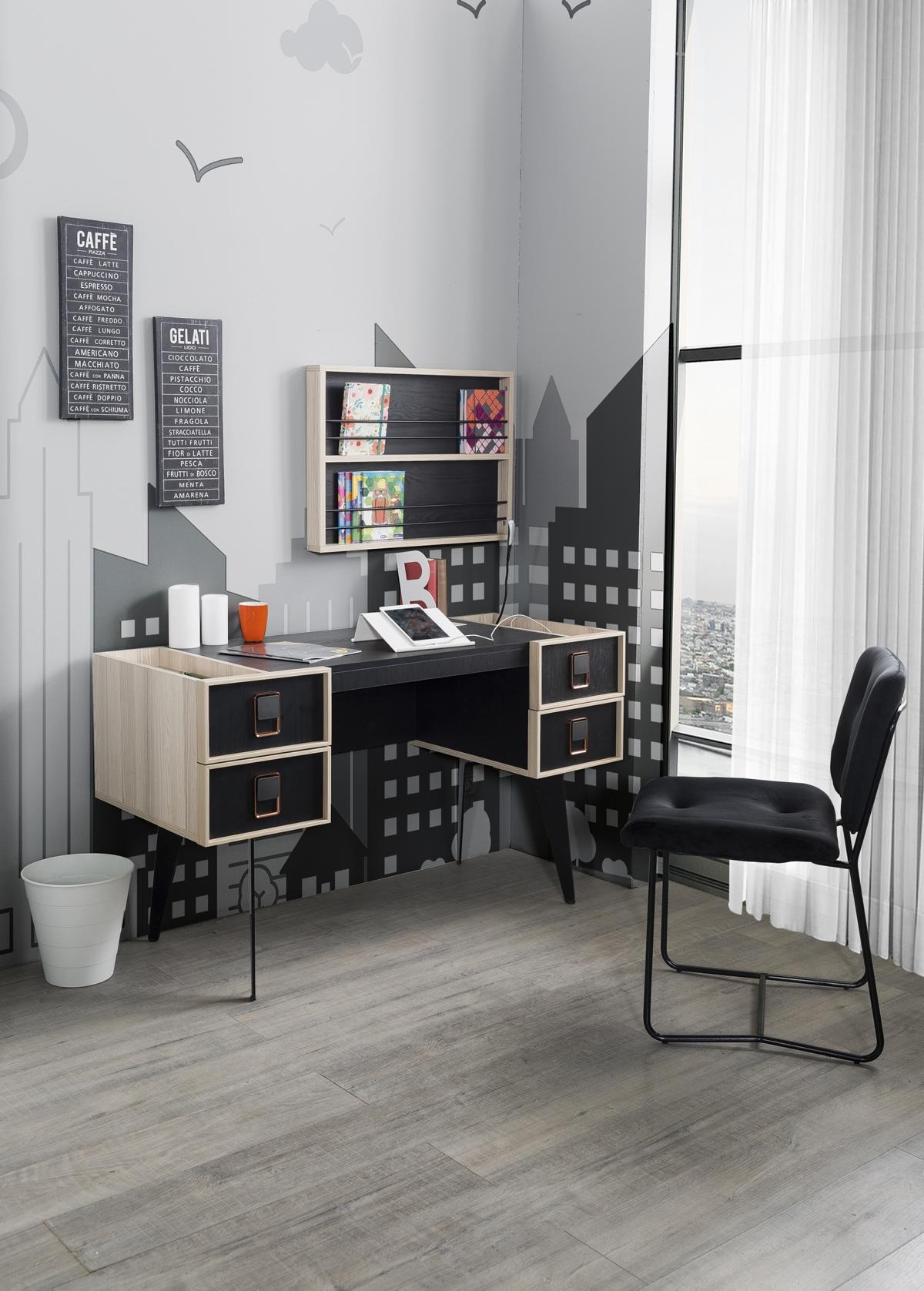 Moderner Schreibtisch Mit Jugendzimmer Wandregal Designer Möbel Schwarz Neu