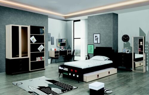Modernes Jugendzimmer Set Bett Nachttisch Kleiderschrank Wandregal Schwarz 6tlg.