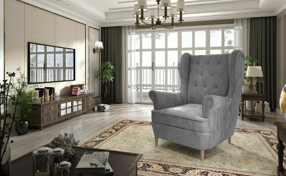 Lounge Ohren Sessel Grau Polster Club Möbel Fernseh Sofa Stuhl Samt Sofort