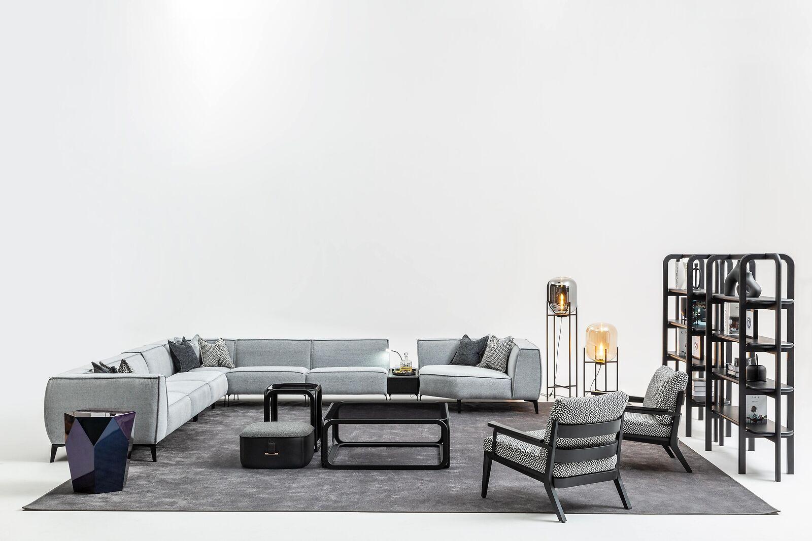 Ecksofa Couch Polster Möbel U Form Wohnlandschaft mit Sessel Graue Couchen