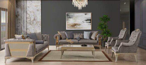 Chesterfield Couchgarnitur Dreisitzer Sessel Grau Stoff Luxus 5tlg Set