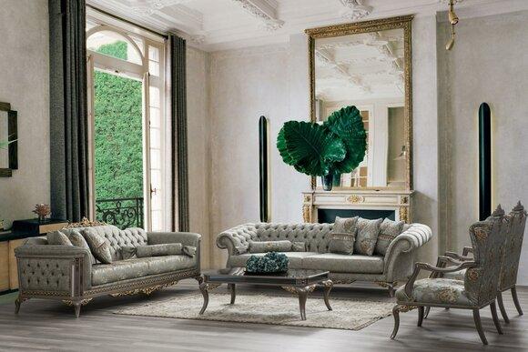 Chesterfield Sofagarnitur Dreisitzer Sessel Grau Stoff Stoffsofa 4tlg