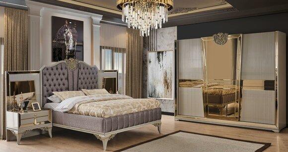 Doppelbett Bett Garnitur Schlafzimmer Grau Nachttische Holz Set 4tlg