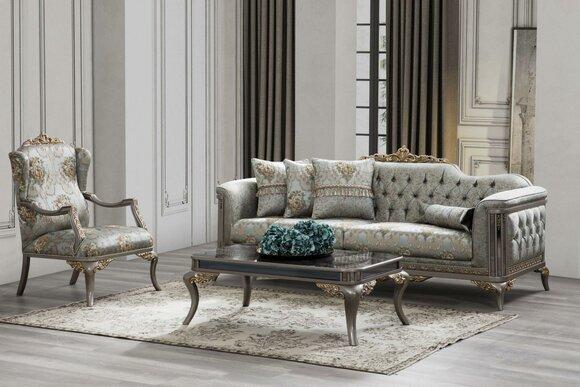 Sofagarnitur Chesterfield Dreisitzer Sessel Grau Stoff Luxus 3tlg Set 3+1