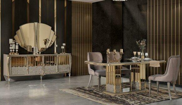 Luxus Essgruppe Essecke Esszimmer Esstisch Stühle Gold Holz Set 8tlg