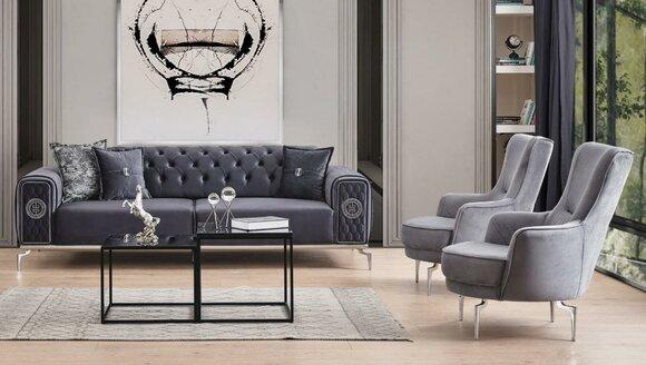 Sofagarnitur Chesterfield Dreisitzer Sessel Grau Stoffsofas 3tlg Set