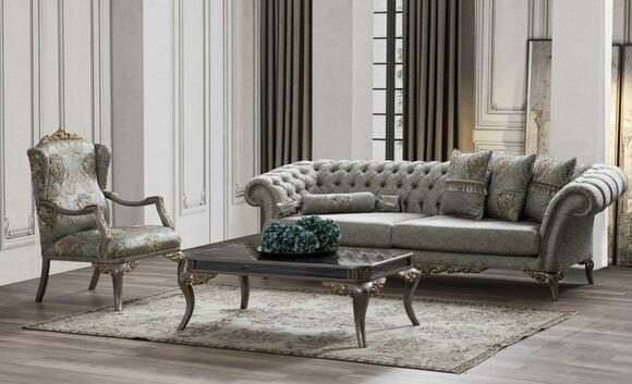 Gruppe Chesterfield Sofagarnitur Dreisitzer Sessel Grau Stoff Set 3tlg