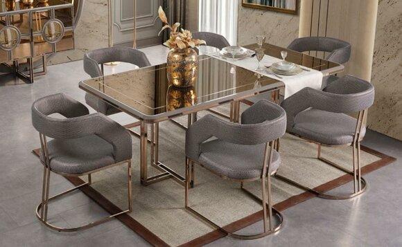 Essgarnitur Essgruppe Esszimmer Luxus Esstisch Stühle Gold Holz Set 7tlg