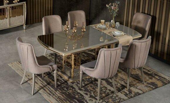 Moderne Essgruppe Garnitur Esszimmer Esstisch Stühle Gold Holz Set 7tlg